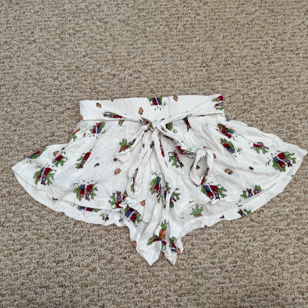 Three Days Cactus Print Flouncy Shorts‎ White Small Breathable Waist-tie Beach